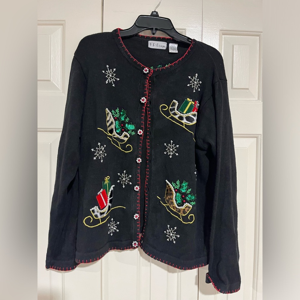 Vintage BP Design Women's Christmas Animal Print Beaded Cardigan Sweater Size L